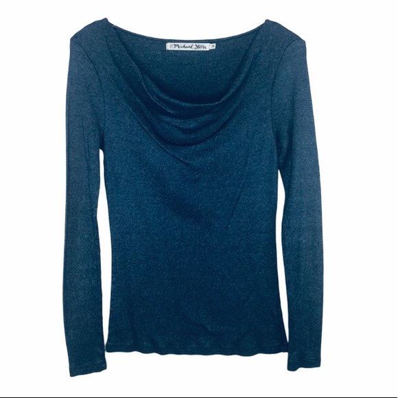 Michael Stars Metallic Blue Cowl Neck Long Sleeve Top One Size - Picture 2 of 8